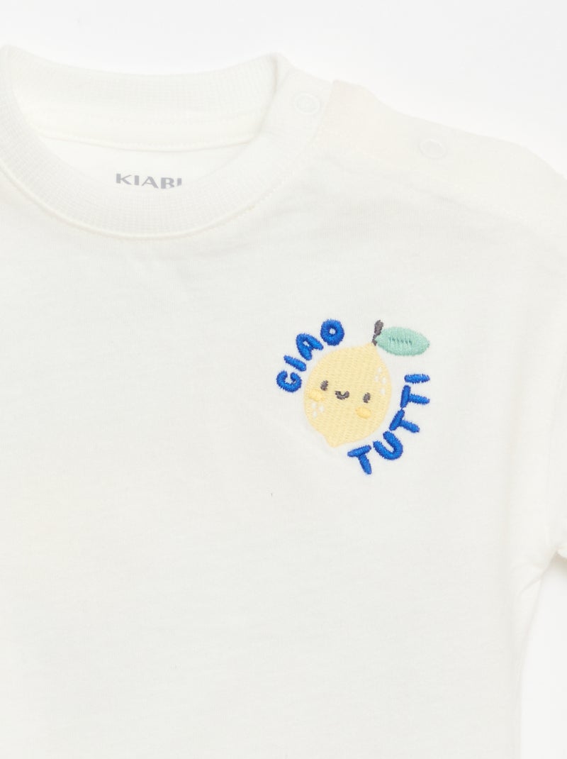 Tee-shirt en coton avec broderie poitrine Blanc - Kiabi