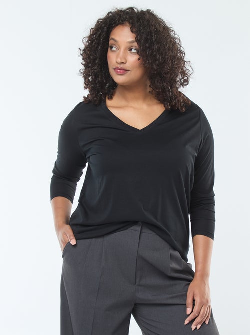 Tee-shirt en jersey avec col V et manches longues - Kiabi