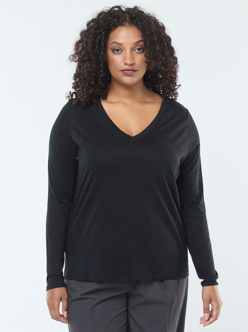 Tee-shirt en jersey avec col V et manches longues Noir - Kiabi