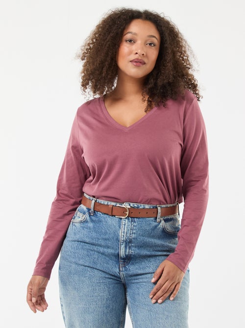 Tee-shirt en jersey avec col V et manches longues - Kiabi