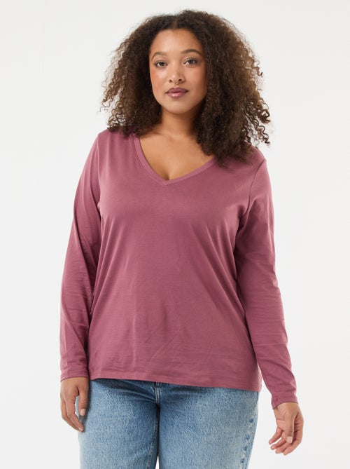 Tee-shirt en jersey avec col V et manches longues - Kiabi