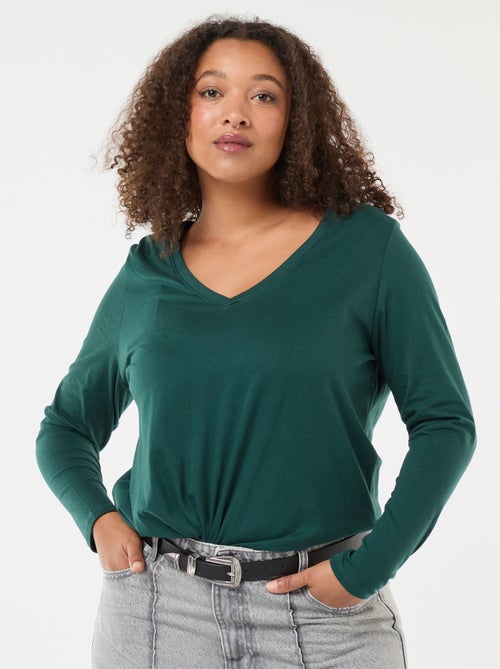 Tee-shirt en jersey avec col V et manches longues - Kiabi