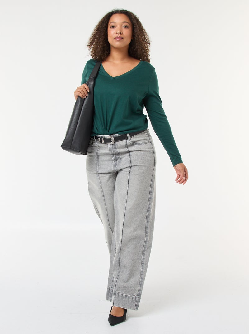 Tee-shirt en jersey avec col V et manches longues Vert - Kiabi