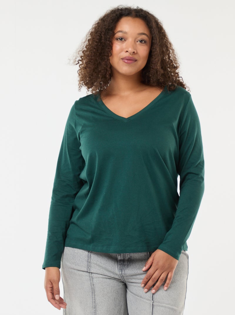 Tee-shirt en jersey avec col V et manches longues Vert - Kiabi