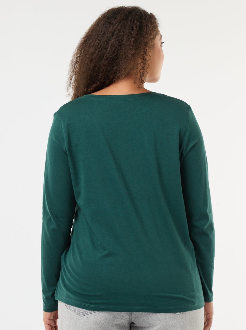 Tee-shirt en jersey avec col V et manches longues Vert - Kiabi