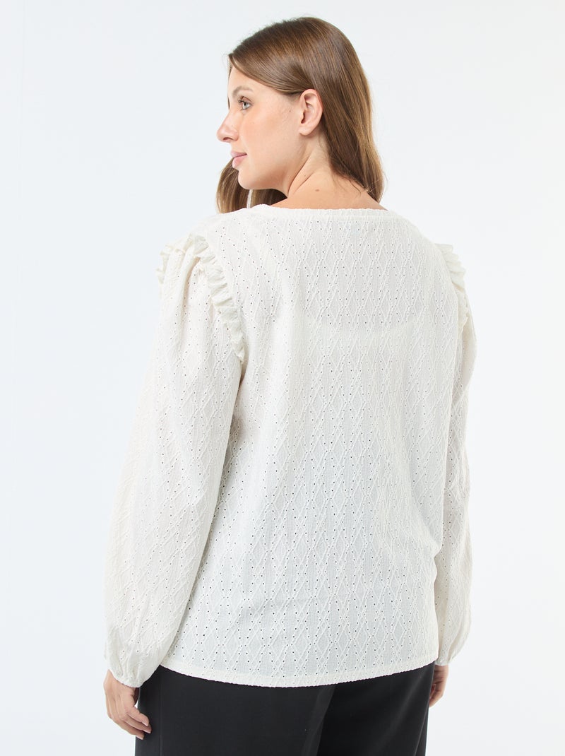 Tee-shirt en maille ajourée avec épaules volantées Blanc - Kiabi