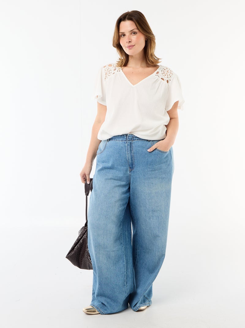 Tee-shirt maille crêpe et macramé Blanc - Kiabi