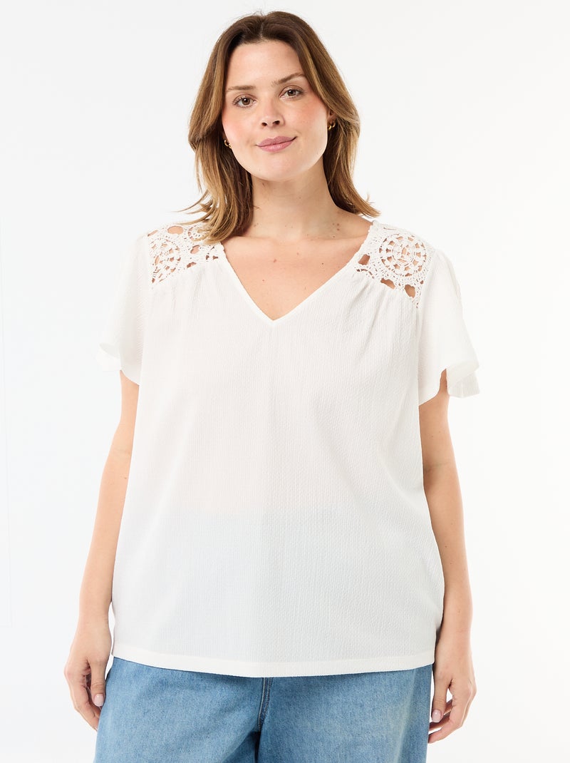 Tee-shirt maille crêpe et macramé Blanc - Kiabi