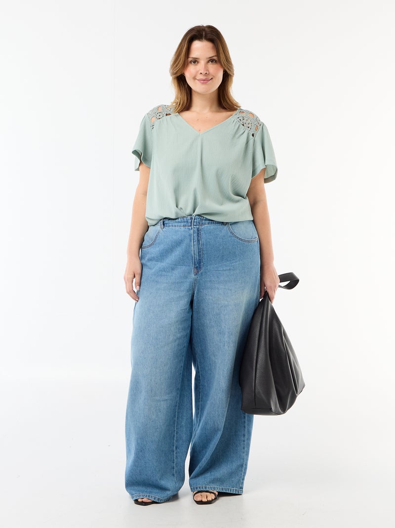 Tee-shirt maille crêpe et macramé Bleu - Kiabi