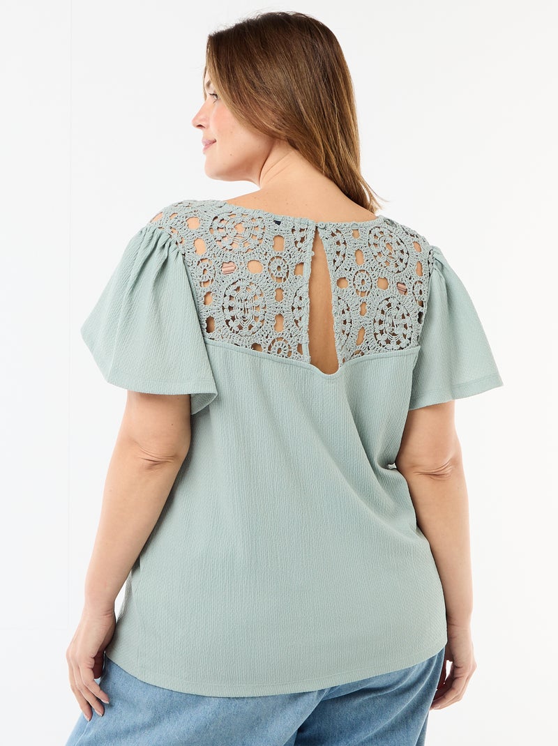 Tee-shirt maille crêpe et macramé Bleu - Kiabi