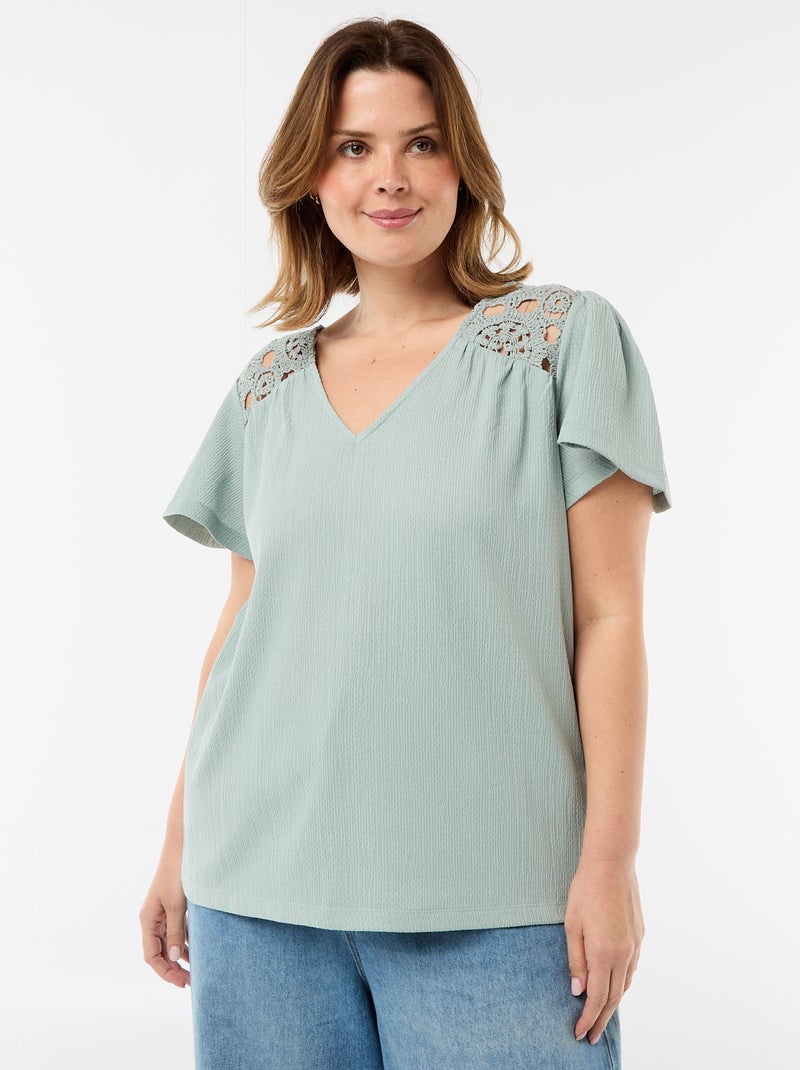 Tee-shirt maille crêpe et macramé Bleu - Kiabi