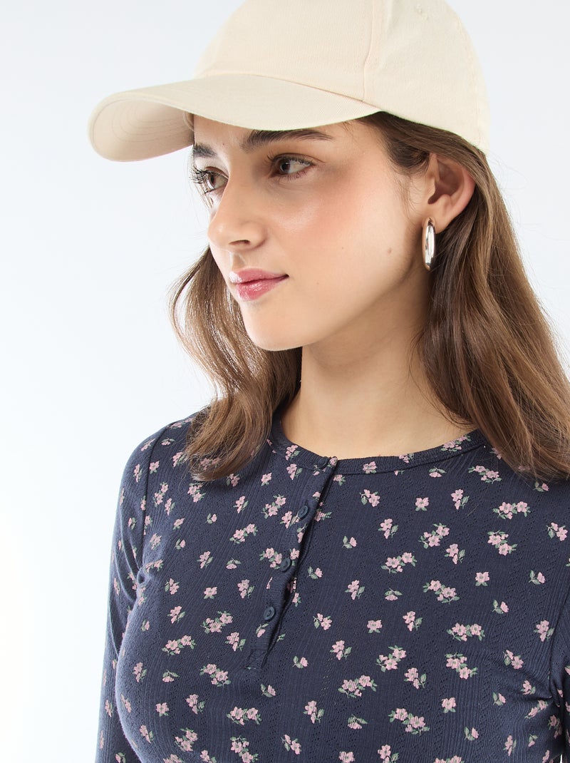 Tee-shirt maille pointelle fleuri Bleu - Kiabi