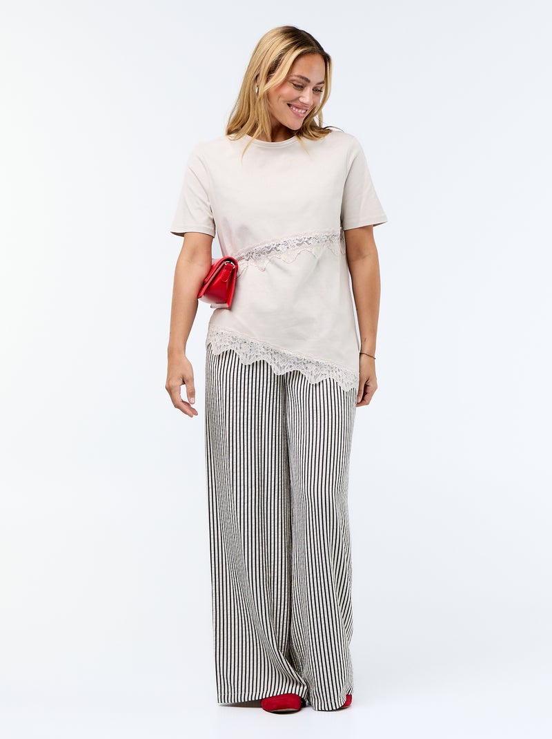 Tee-shirt manches courtes avec dentelle Gris - Kiabi