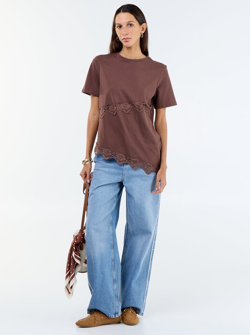 Tee-shirt manches courtes avec dentelle Marron - Kiabi