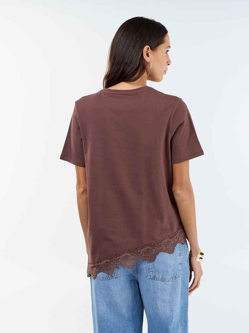 Tee-shirt manches courtes avec dentelle Marron - Kiabi