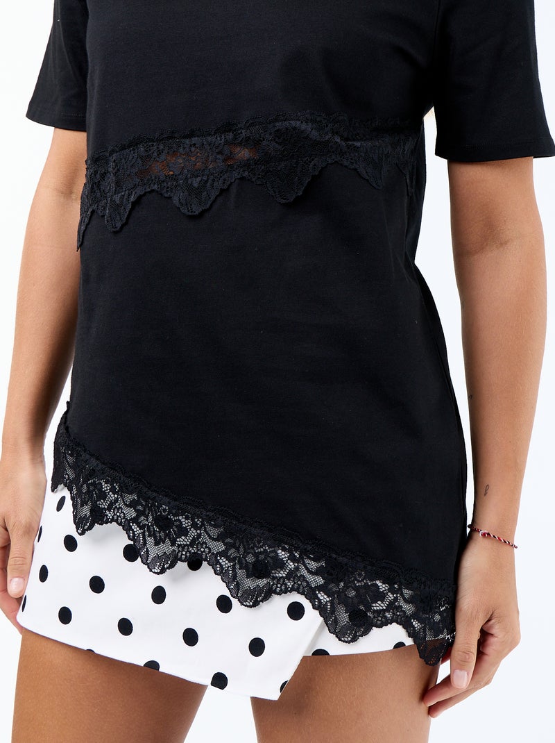 Tee-shirt manches courtes avec dentelle Noir - Kiabi