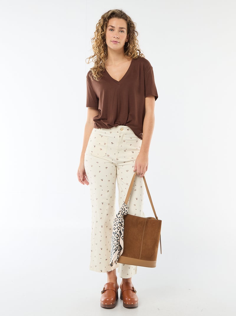 Tee-shirt manches courtes avec encolure en V Marron - Kiabi