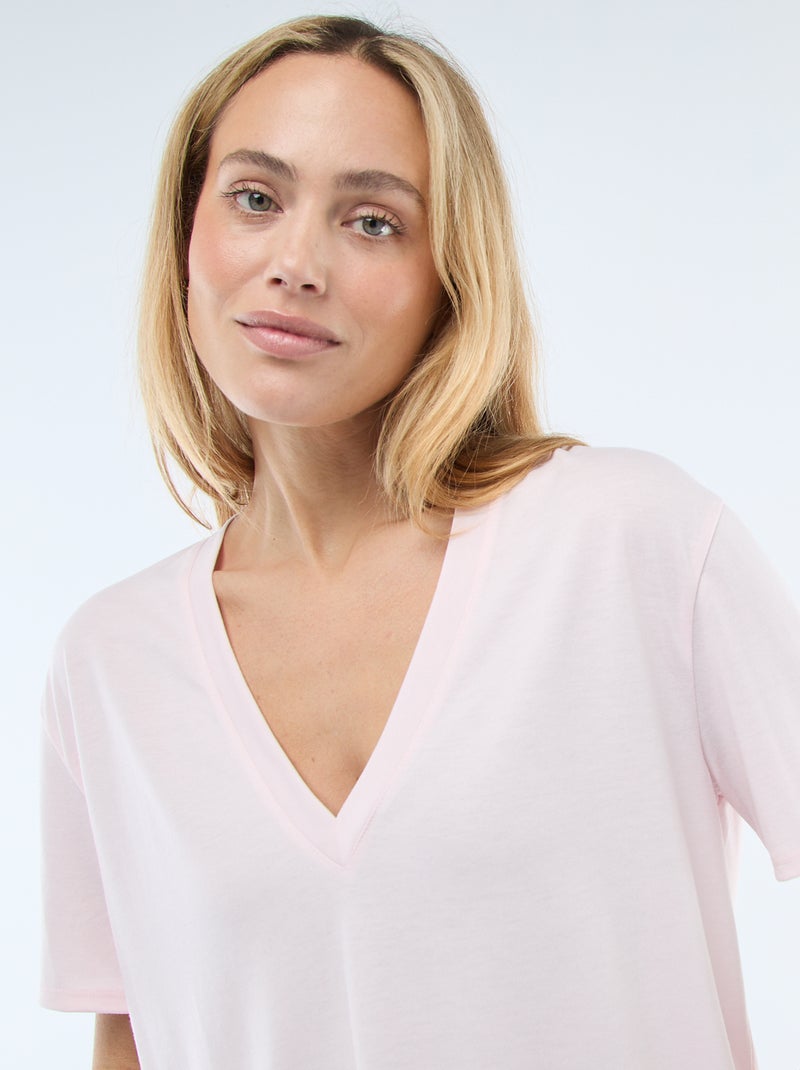 Tee-shirt manches courtes avec encolure en V Rose - Kiabi