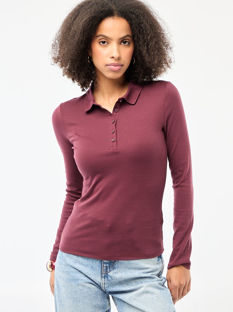 Tee-shirt manches longues col polo Bordeaux - Kiabi