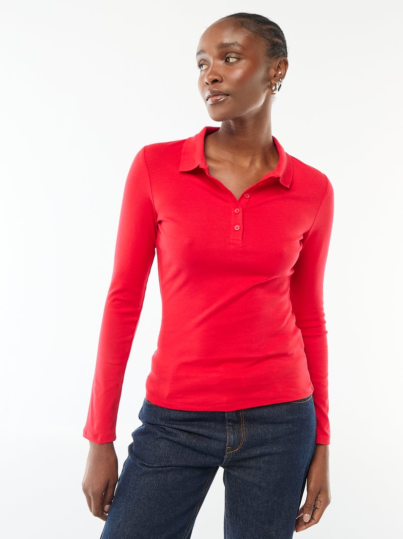 Tee-shirt manches longues col polo Rouge - Kiabi