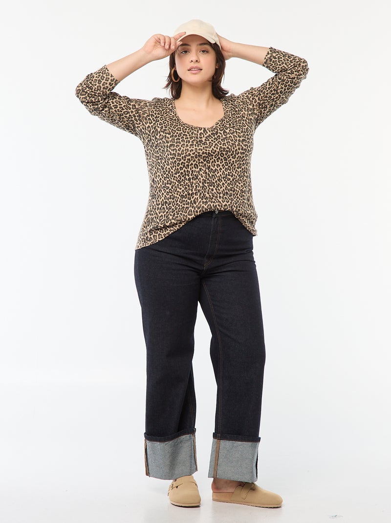 Tee-shirt manches longues en rib côtelé Léopard - Kiabi