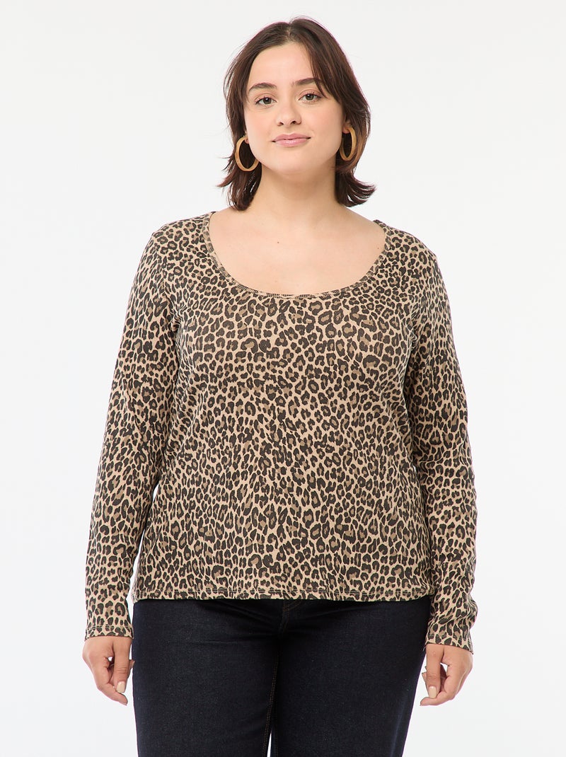 Tee-shirt manches longues en rib côtelé Léopard - Kiabi