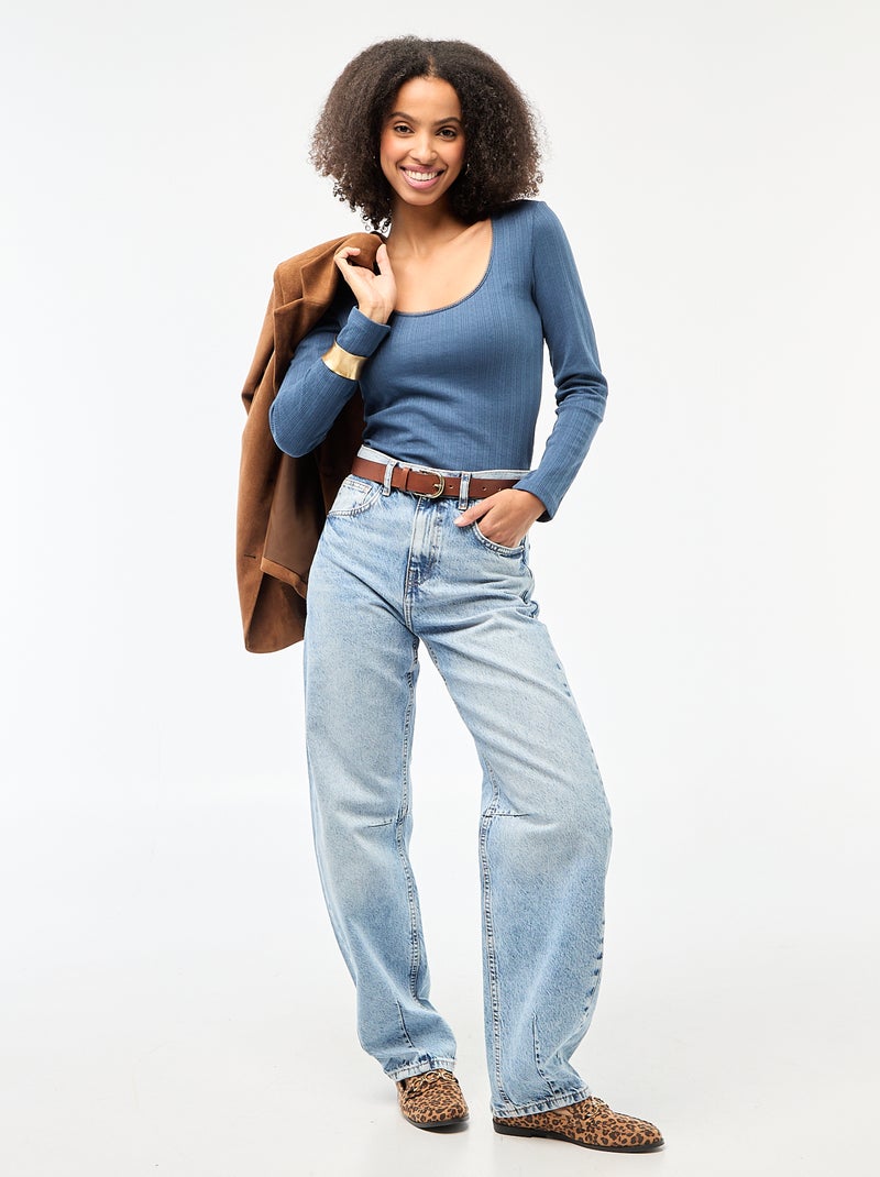 Tee-shirt manches longues pointelle Bleu - Kiabi