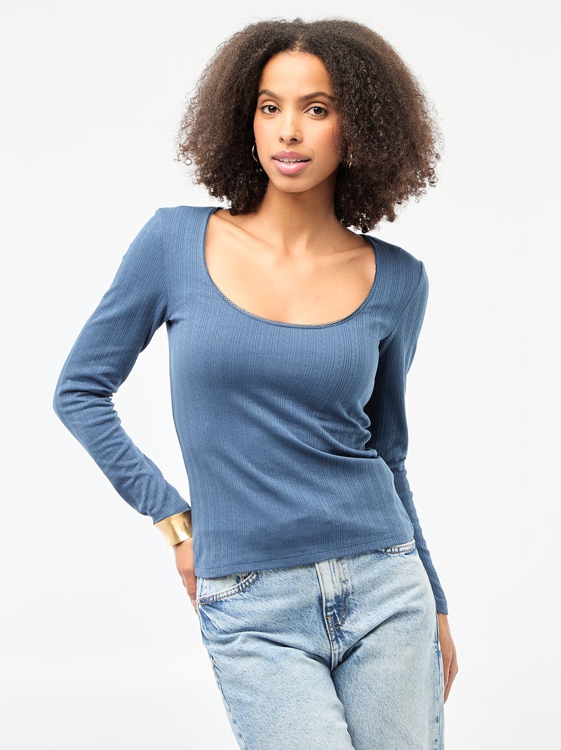 Tee-shirt manches longues pointelle Bleu - Kiabi