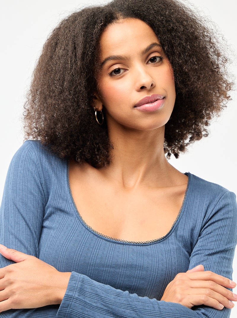 Tee-shirt manches longues pointelle Bleu - Kiabi