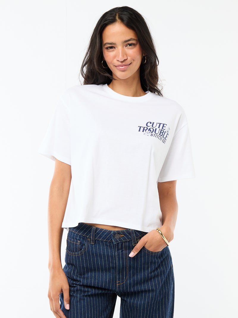 Tee-shirt 'Stitch' cropped à manches courtes Blanc - Kiabi