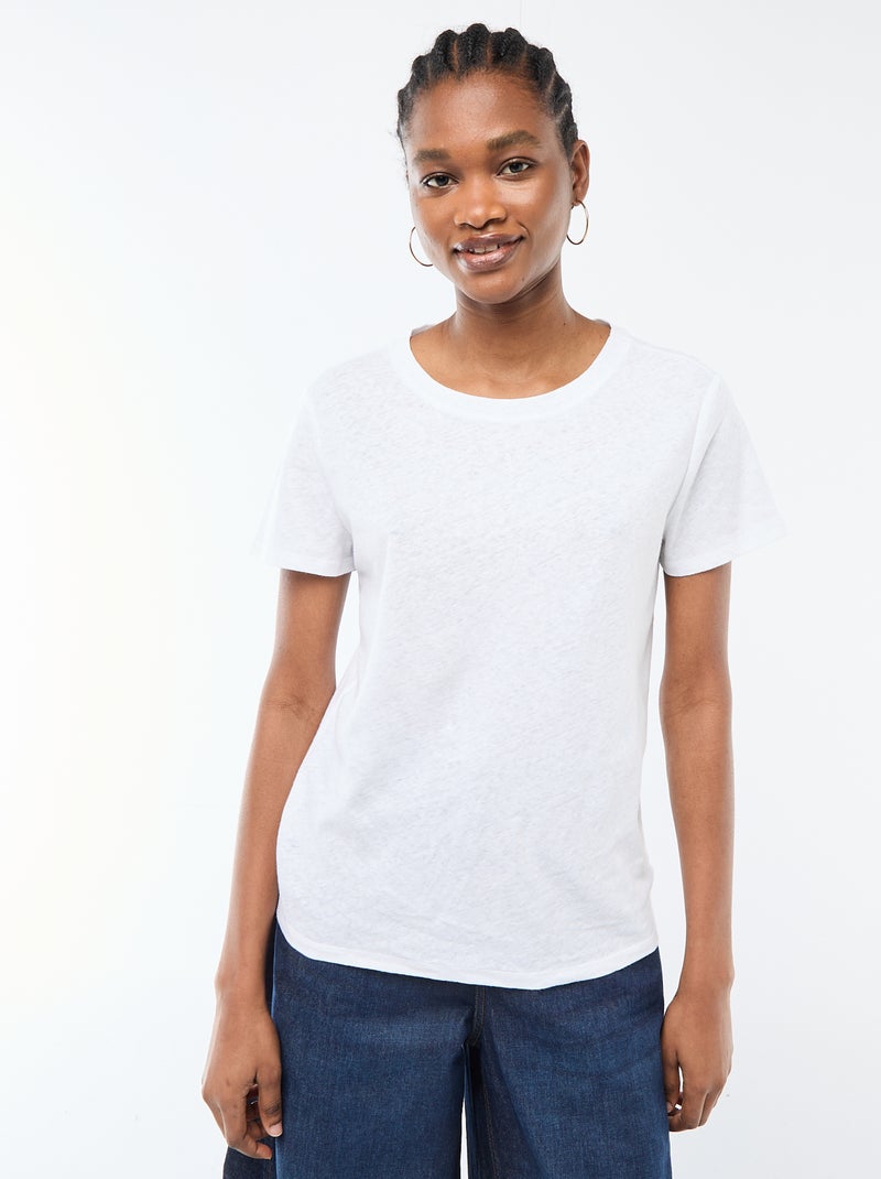 Tee-shirt uni à manches courtes et col rond Blanc - Kiabi