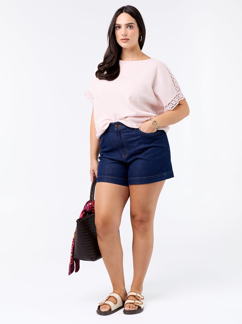 Tee-shirt uni avec broderie et macramé aux manches Rose - Kiabi