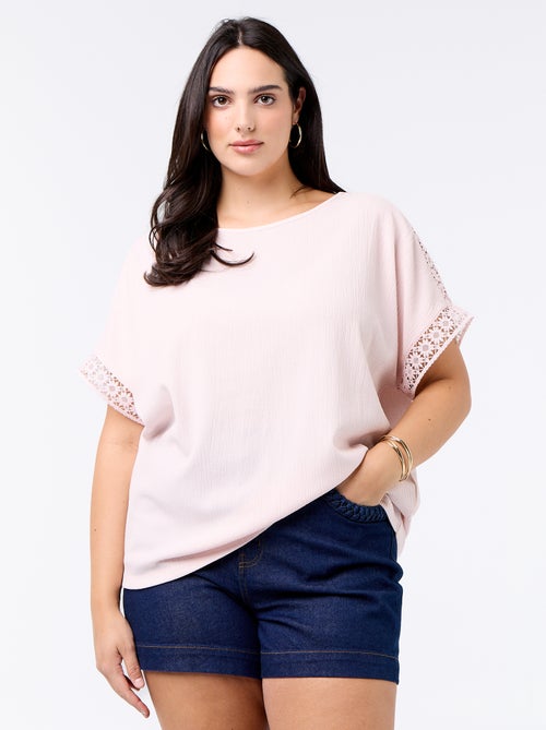 Tee-shirt uni avec broderie et macramé aux manches - Kiabi