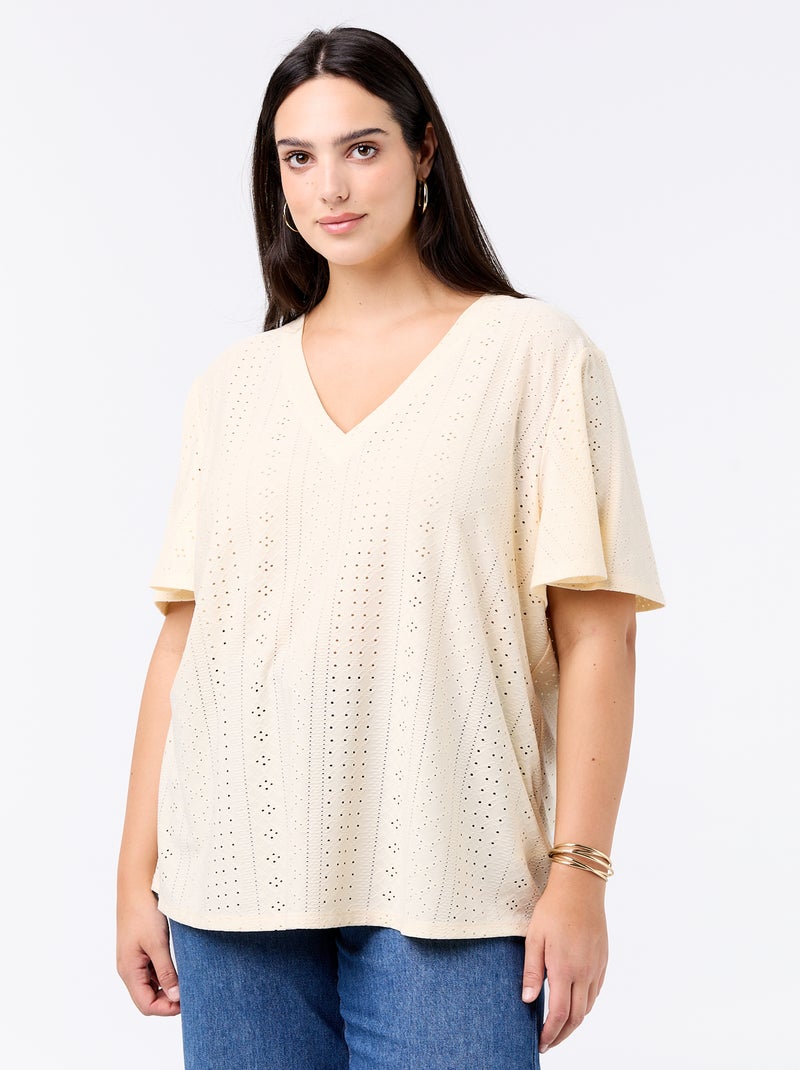 Tee-shirt uni en maille ajourée Beige - Kiabi