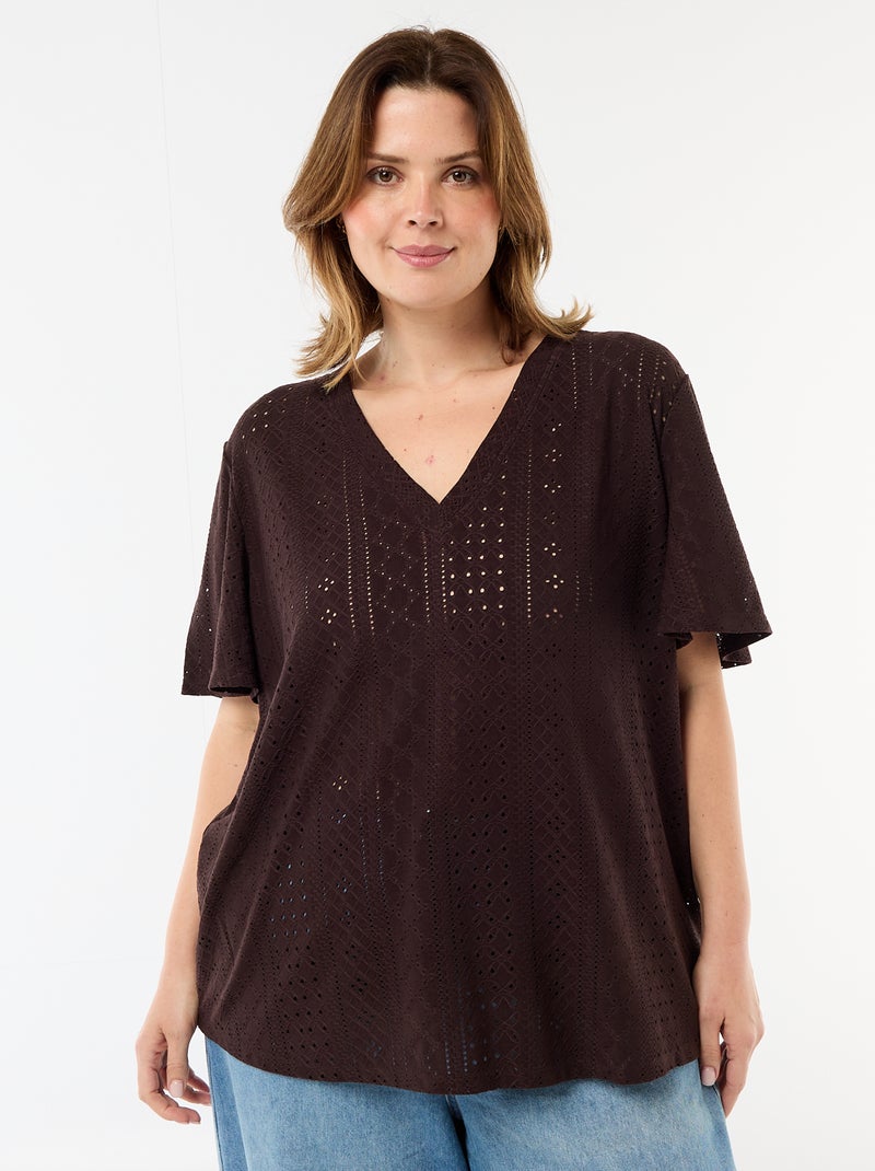 Tee-shirt uni en maille ajourée Marron - Kiabi