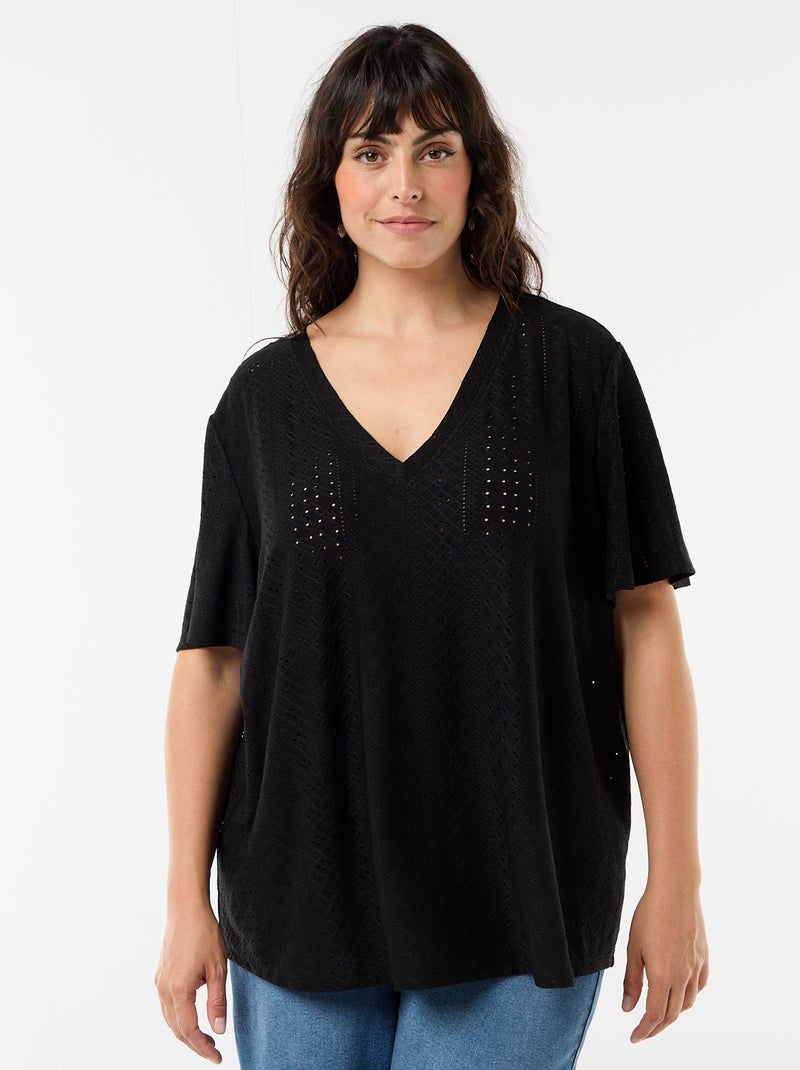 Tee-shirt uni en maille ajourée Noir - Kiabi