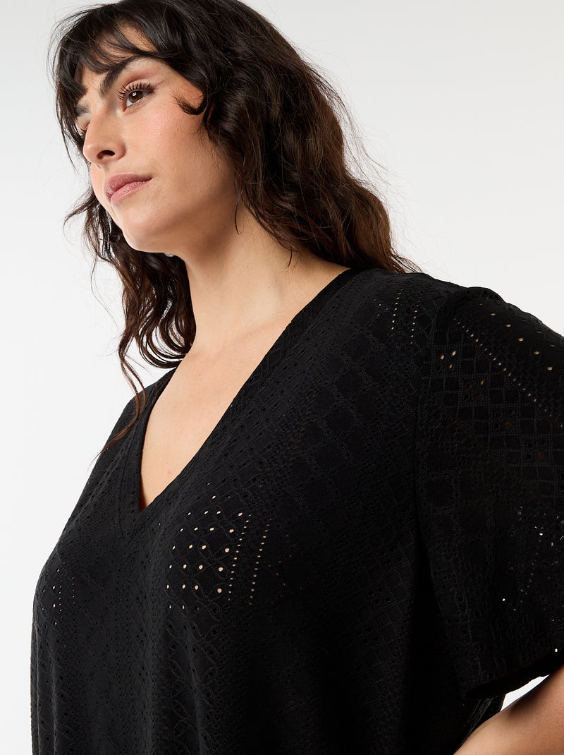 Tee-shirt uni en maille ajourée Noir - Kiabi