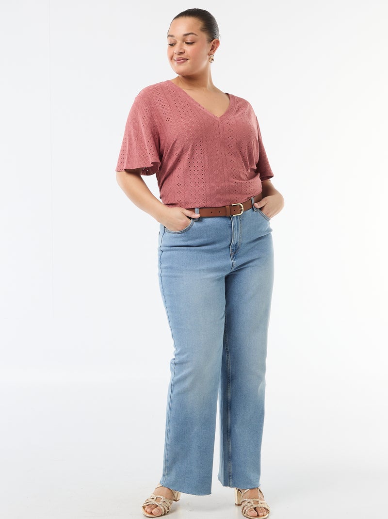 Tee-shirt uni en maille ajourée Rose - Kiabi