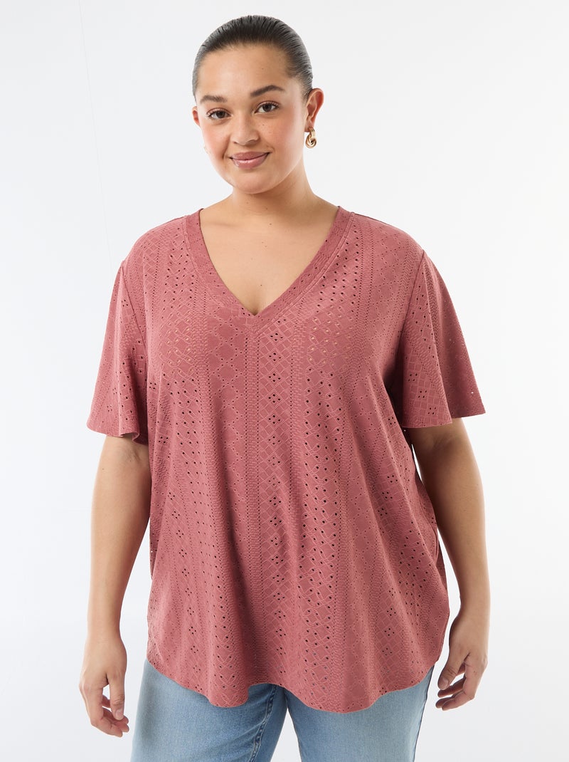 Tee-shirt uni en maille ajourée Rose - Kiabi