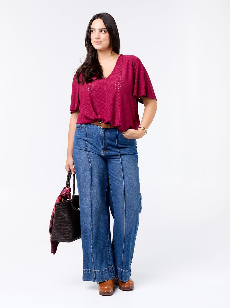 Tee-shirt uni en maille ajourée Rouge - Kiabi