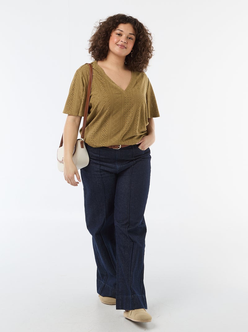 Tee-shirt uni en maille ajourée Vert - Kiabi