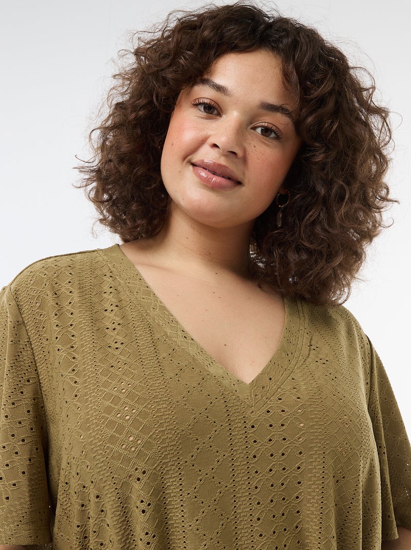 Tee-shirt uni en maille ajourée Vert - Kiabi