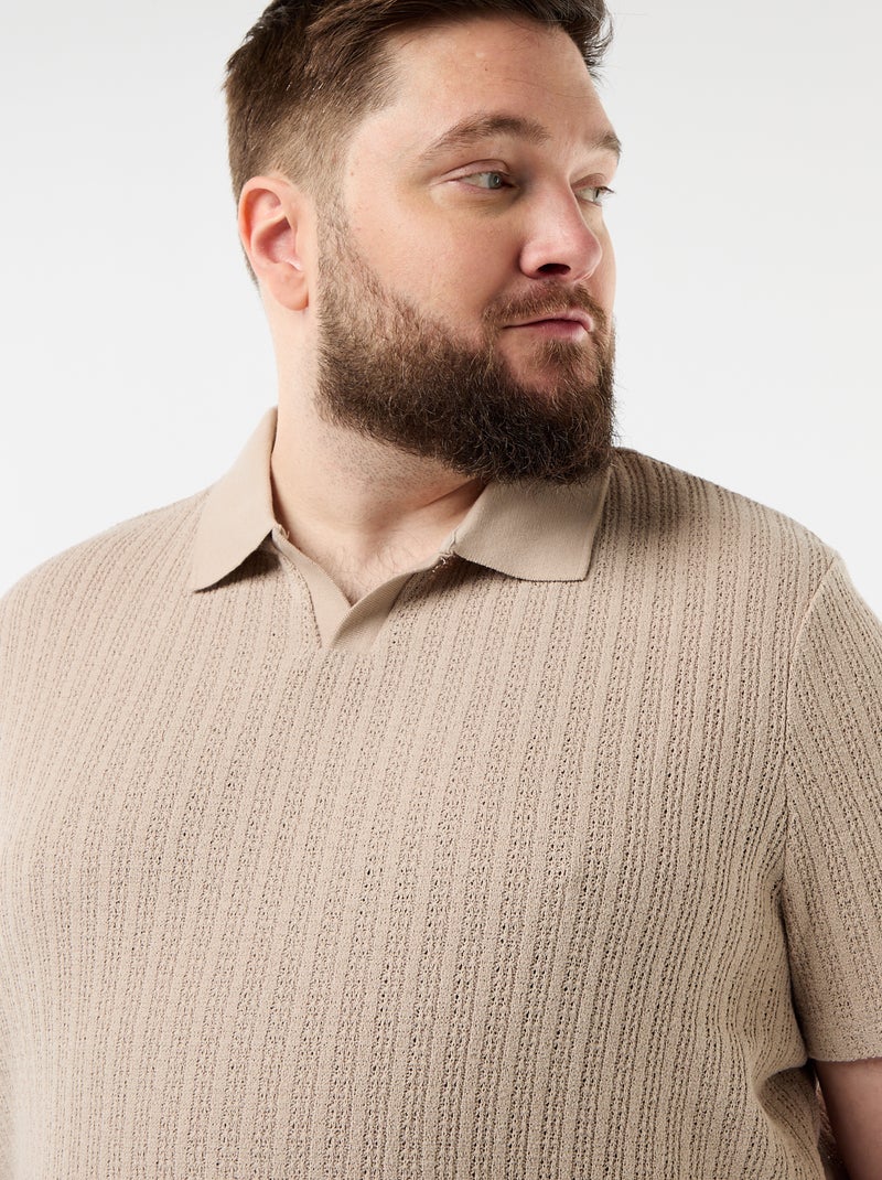Textured Knit Short-Sleeve Polo Beige - Kiabi