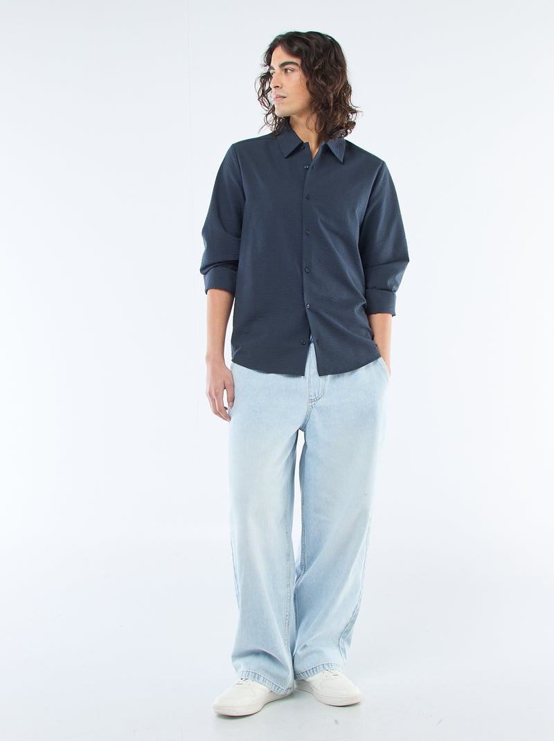 Textured Solid Shirt Blue - Kiabi