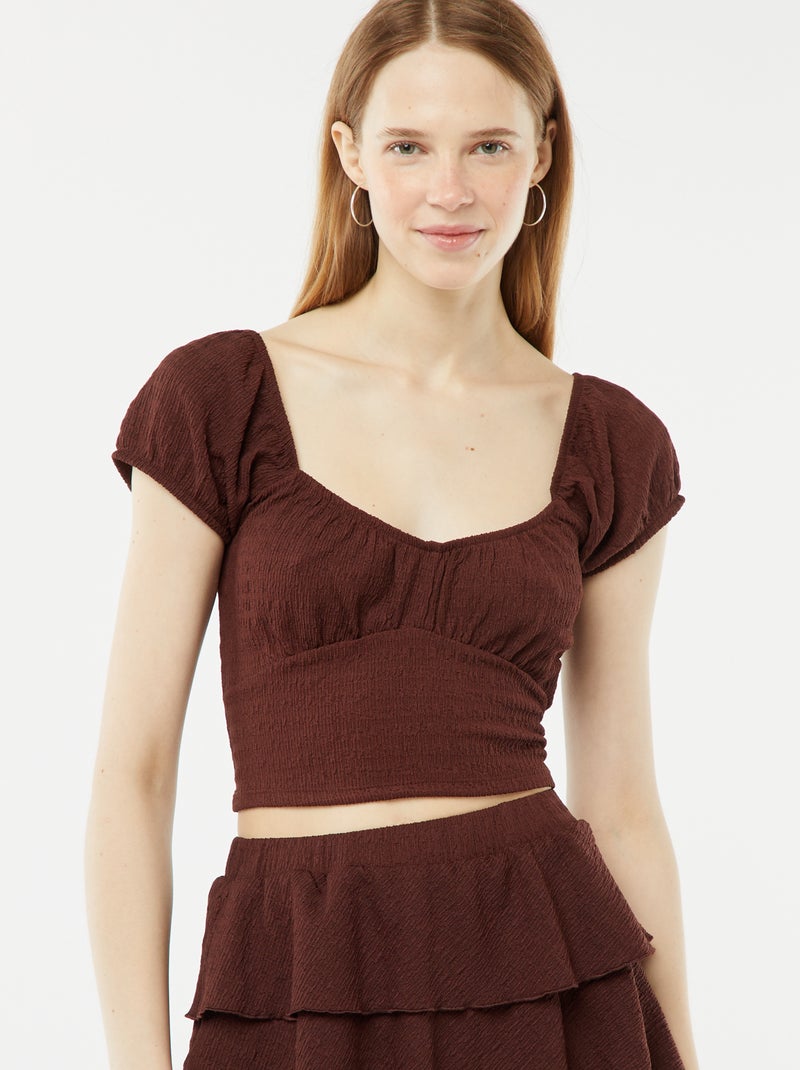 Top en maille gaufrée col carré Marron - Kiabi