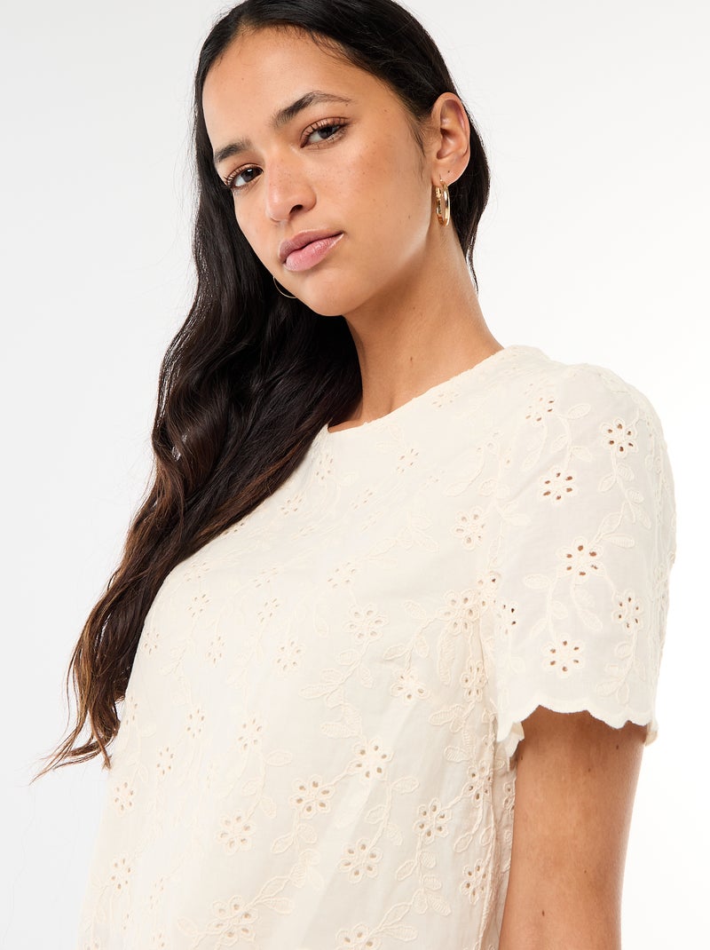 Top manches courtes broderies anglaises en coton uni Beige - Kiabi