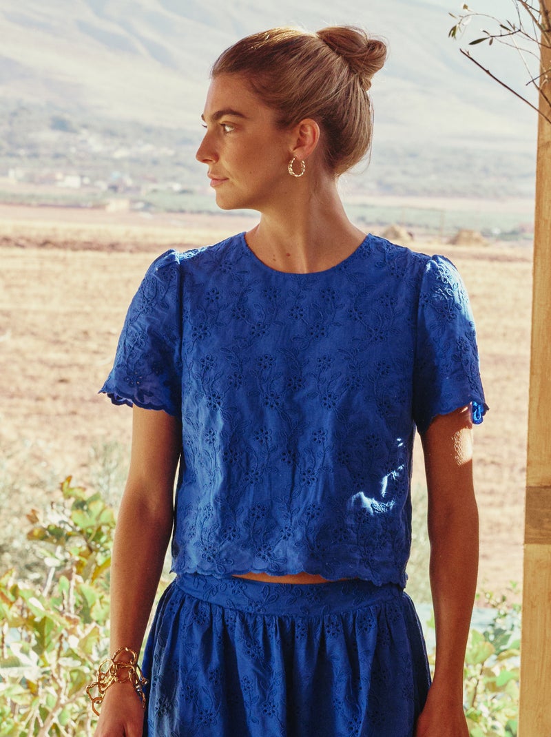 Top manches courtes broderies anglaises en coton uni Bleu - Kiabi