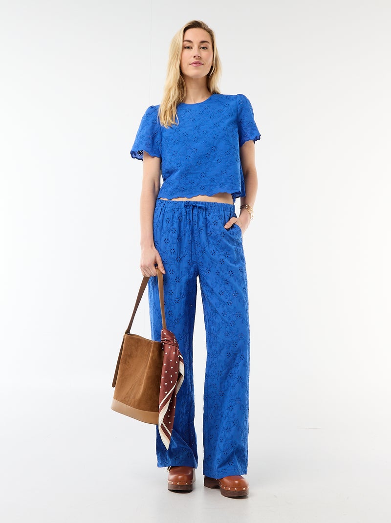 Top manches courtes broderies anglaises en coton uni Bleu - Kiabi