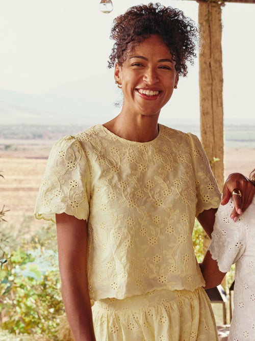 Top manches courtes broderies anglaises en coton uni - Kiabi