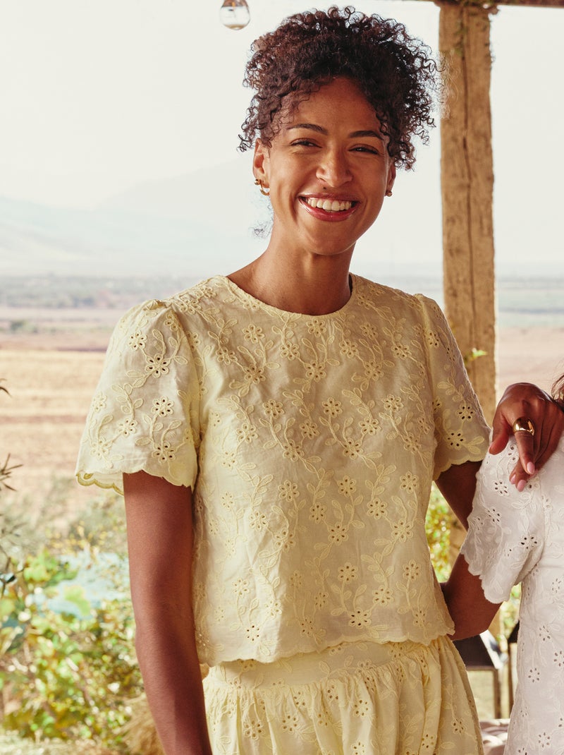 Top manches courtes broderies anglaises en coton uni Jaune - Kiabi